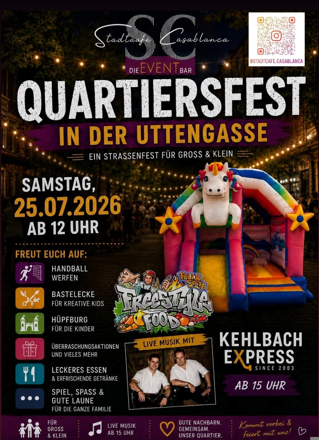 Plakat zum Quartiersfest in der Uttengasse mit Programm und Beginn um 12 Uhr