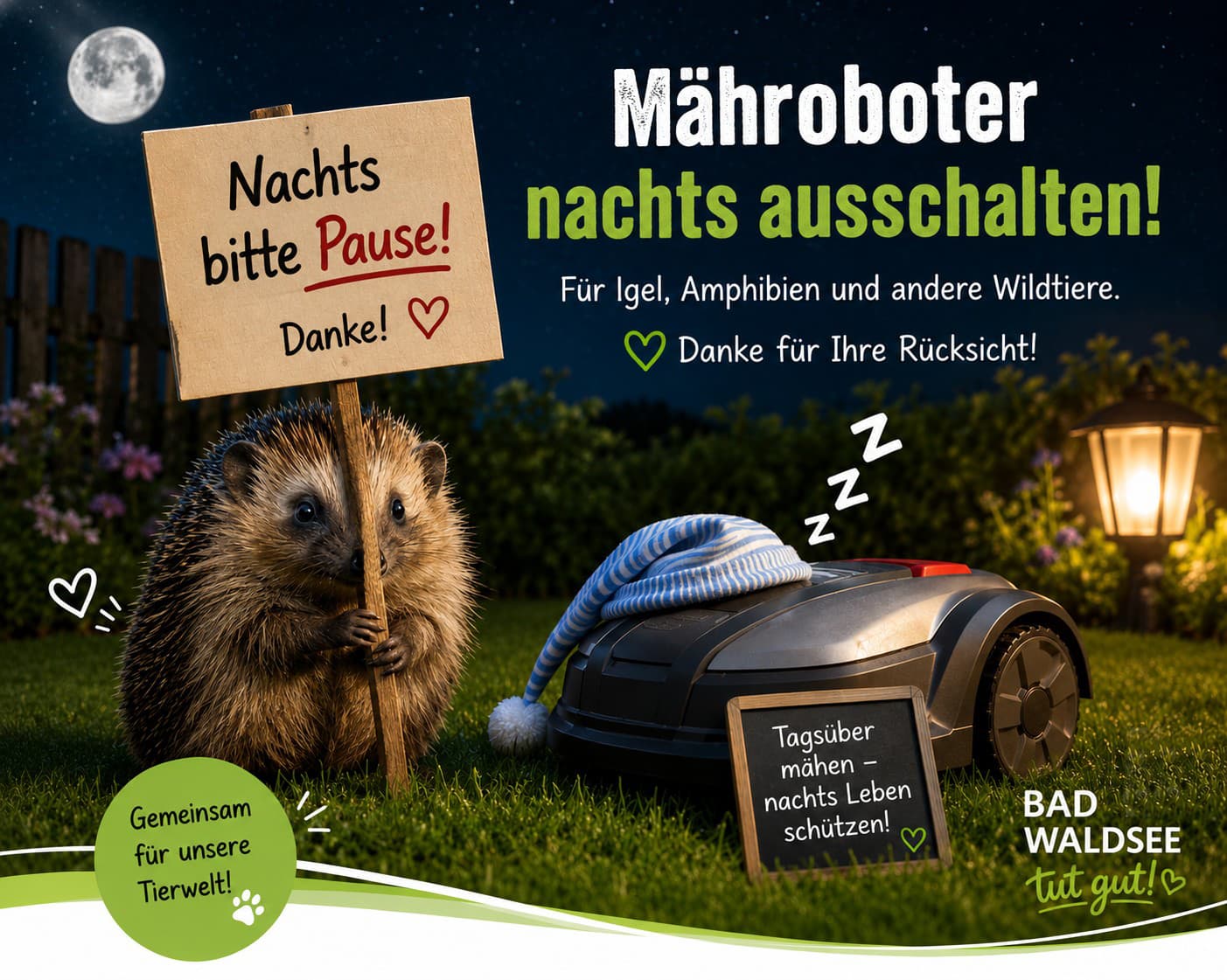 Informationsgrafik: Mähroboter nachts ausschalten zum Schutz von Igeln