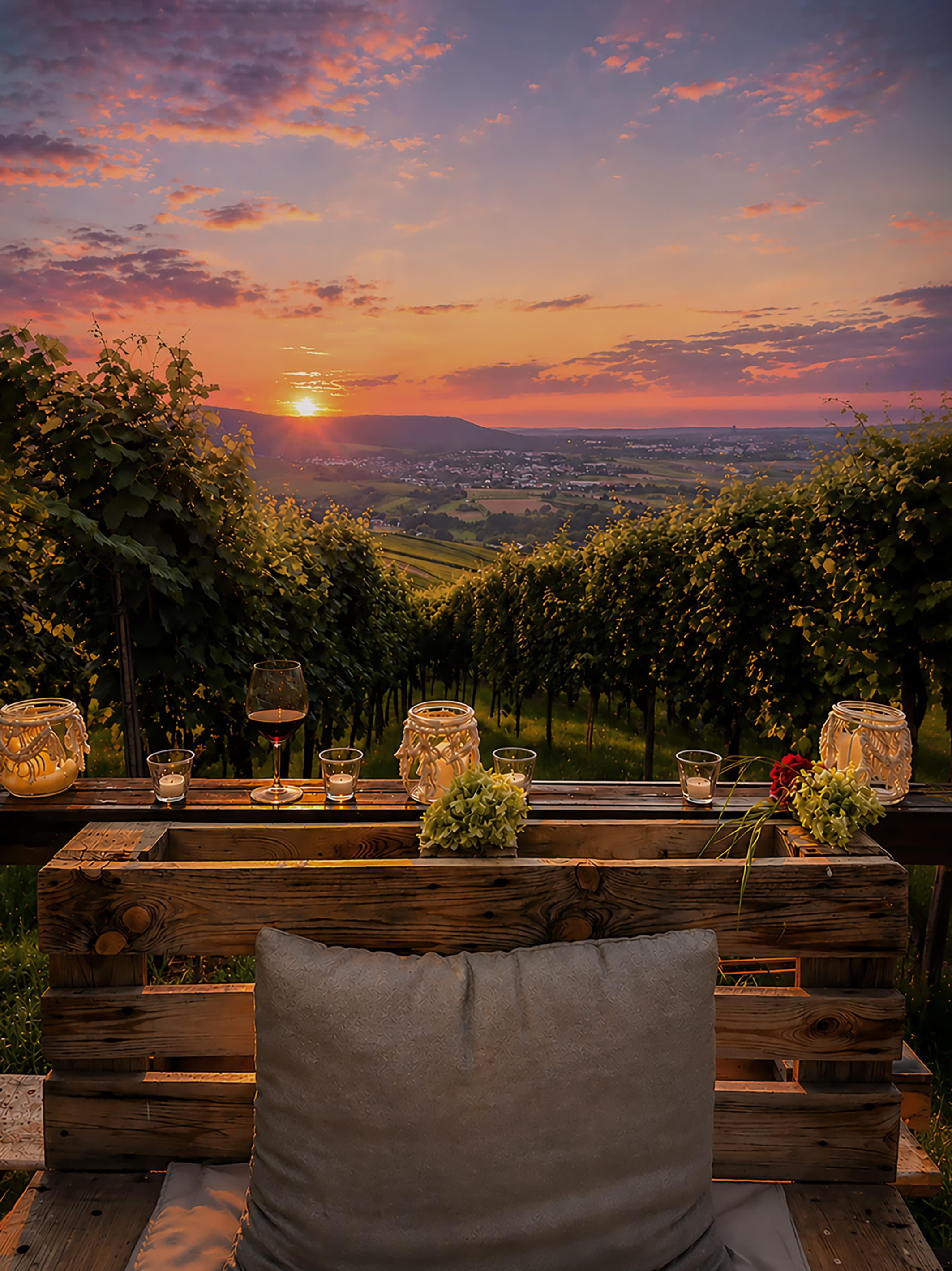 Sonnenuntergang über den Weinbergen bei der Veranstaltung „Sommerbrise am Wengerthäusle“ im Bereich Obstbau Kuhnle.