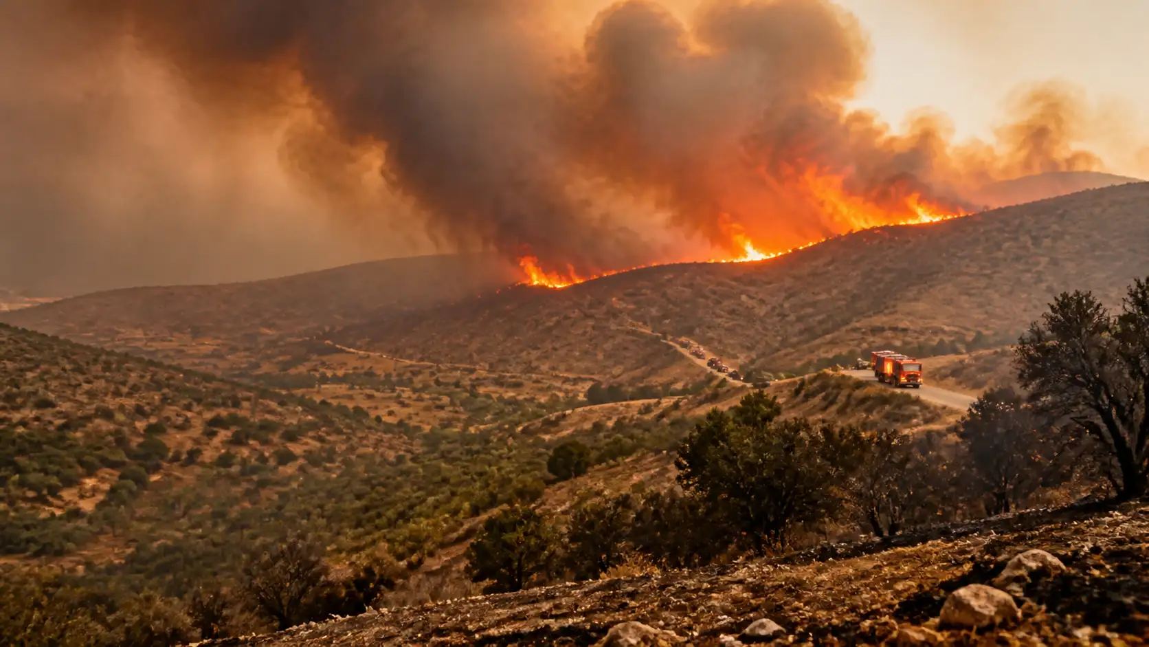 Symbolbild eines mediterranen Waldbrands mit Rauch und Einsatzfahrzeugen