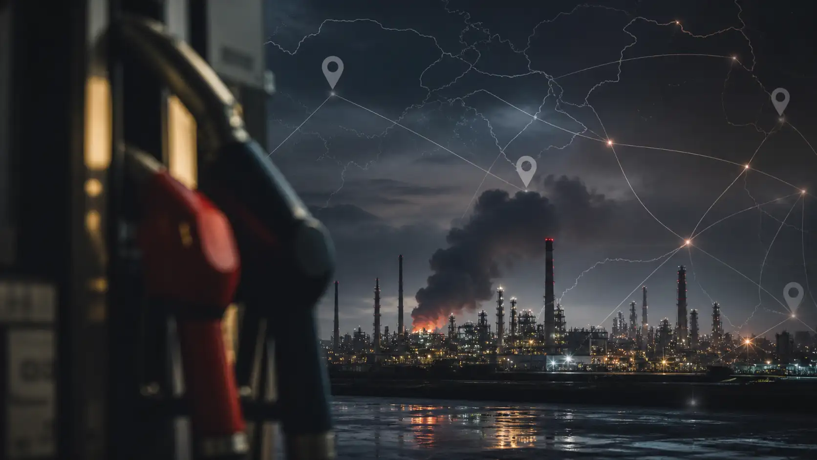 Symbolbild einer nächtlichen Raffinerie mit Energienetz-Linien
