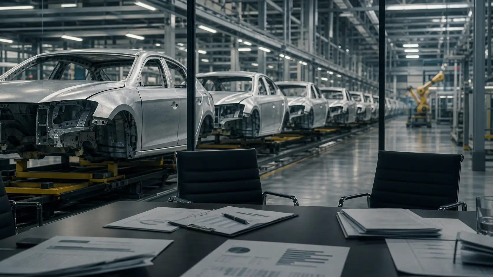 Symbolbild einer anonymen Autofabrik mit leeren Besprechungsstühlen