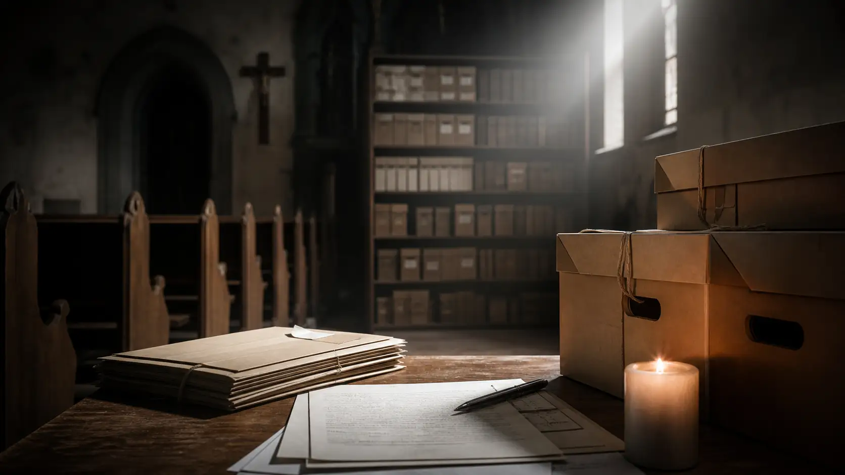 Symbolbild eines Kirchenarchivs mit verschlossenen Aktenboxen