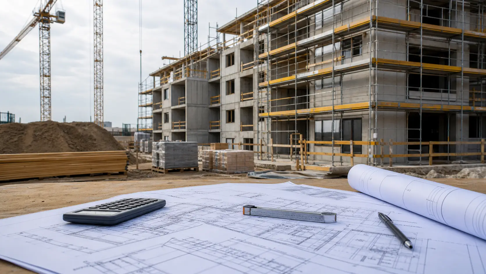 Symbolisches Titelbild einer Wohnungsbaustelle mit Bauplan, Messwerkzeug und Kostenrechner.