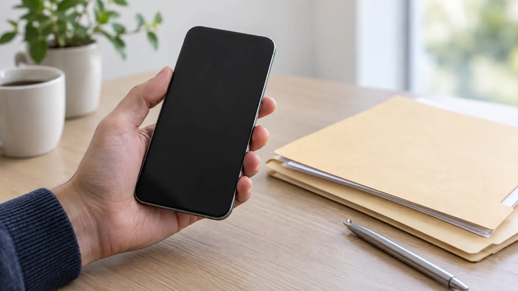 Smartphone mit neutralem dunklem Bildschirm neben einer Mappe. KI-Symbolbild.